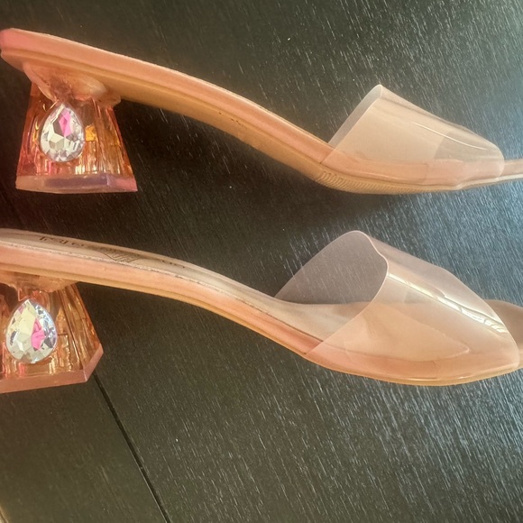 Shoes - Clear Pink Heel Slide Sandals with Jewel Accent